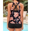 Tempt Me 3 Piece Swimsuit for Women Tankini Bathing Suit Modest High Neck Tank Tops Swimwear with Shorts(Black Floral)