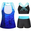 Tempt Me 3 Piece Swimsuit for Women Tankini Bathing Suit Modest High Neck Tank Tops Swimwear with Shorts(Blue Gradient)