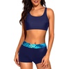 Tempt Me 3 Piece Swimsuit for Women Tankini Bathing Suit Modest High Neck Tank Tops Swimwear with Shorts(Blue Leaves)