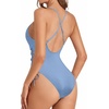 Tempt Me Women Sexy Lace Up One Piece Swimsuit Deep Plunge V Neck High Cut Bathing Suits(Gray Blue)