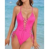 Tempt Me Women Sexy Lace Up One Piece Swimsuit Deep Plunge V Neck High Cut Bathing Suits(Hot Pink)