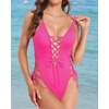 Tempt Me Women Sexy Lace Up One Piece Swimsuit Deep Plunge V Neck High Cut Bathing Suits(Hot Pink)