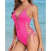Tempt Me Women Sexy Lace Up One Piece Swimsuit Deep Plunge V Neck High Cut Bathing Suits(Hot Pink)