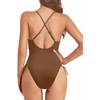 Tempt Me Women Sexy Lace Up One Piece Swimsuit Deep Plunge V Neck High Cut Bathing Suits(Solid Brown)