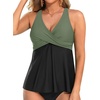 Tempt Me Women Tankini Top Only Flowy Swim Tops V Neck Bathing Suit Top(Olive Green and Black)