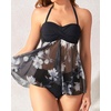 Tempt Me Womens Two Piece Bathing Suits Halter Bandeau Tankini Top Flyaway Swimsuit with Bottoms Tummy Control Swimwear(Black White Floral)