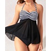 Tempt Me Womens Two Piece Bathing Suits Halter Bandeau Tankini Top Flyaway Swimsuit with Bottoms Tummy Control Swimwear(Black White Striped)