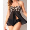 Tempt Me Womens Two Piece Bathing Suits Halter Bandeau Tankini Top Flyaway Swimsuit with Bottoms Tummy Control Swimwear(Leopard)