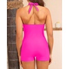 Women One Piece Swimsuits with Shorts – Tummy Control Retro Bathing Suit Pink Halter Boyleg Swimwear L