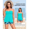Women Strapless Tankini Swimsuits – 2 Piece Halter Bathing Suit Bandeau Flyaway Top with High Waist Swim Shorts(Aqua Floral)