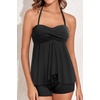 Women Strapless Tankini Swimsuits – 2 Piece Halter Bathing Suit Bandeau Flyaway Top with High Waist Swim Shorts(Black)