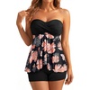 Women Strapless Tankini Swimsuits – 2 Piece Halter Bathing Suit Bandeau Flyaway Top with High Waist Swim Shorts(Orange Floral)