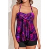 Women Strapless Tankini Swimsuits – 2 Piece Halter Bathing Suit Bandeau Flyaway Top with High Waist Swim Shorts(Purple Leaves)