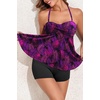 Women Strapless Tankini Swimsuits – 2 Piece Halter Bathing Suit Bandeau Flyaway Top with High Waist Swim Shorts(Purple Leaves)