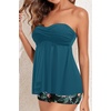 Women Strapless Tankini Swimsuits – 2 Piece Halter Bathing Suit Bandeau Flyaway Top with High Waist Swim Shorts(Teal and Floral)