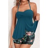 Women Strapless Tankini Swimsuits – 2 Piece Halter Bathing Suit Bandeau Flyaway Top with High Waist Swim Shorts(Teal and Floral)