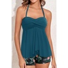 Women Strapless Tankini Swimsuits – 2 Piece Halter Bathing Suit Bandeau Flyaway Top with High Waist Swim Shorts(Teal and Floral)