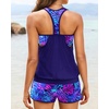 Women Tankini Swimsuits with Shorts – Two Piece Tummy Control Blouson Tankini with Two Pockets Bottom Bathing Suit(Black and Blue)