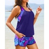 Women Tankini Swimsuits with Shorts – Two Piece Tummy Control Blouson Tankini with Two Pockets Bottom Bathing Suit(Black and Blue)