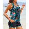 Women Tankini Swimsuits with Shorts – Two Piece Tummy Control Blouson Tankini with Two Pockets Bottom Bathing Suit(Flower)
