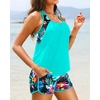 Women Tankini Swimsuits with Shorts – Two Piece Tummy Control Blouson Tankini with Two Pockets Bottom Bathing Suit(Teal and Aqua)
