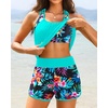 Women Tankini Swimsuits with Shorts – Two Piece Tummy Control Blouson Tankini with Two Pockets Bottom Bathing Suit(Teal and Aqua)