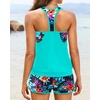 Women Tankini Swimsuits with Shorts – Two Piece Tummy Control Blouson Tankini with Two Pockets Bottom Bathing Suit(Teal and Aqua)