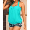 Women Two Piece Tankini with Shorts – Blouson Bathing Suit Halter Bandeau Top Swimsuit with Boyshorts Swimwear(Aqua and Flower)