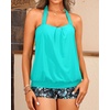 Women Two Piece Tankini with Shorts – Blouson Bathing Suit Halter Bandeau Top Swimsuit with Boyshorts Swimwear(Aqua and Flower)