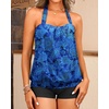 Women Two Piece Tankini with Shorts – Blouson Bathing Suit Halter Bandeau Top Swimsuit with Boyshorts Swimwear(Blue Paisley)