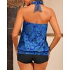 Women Two Piece Tankini with Shorts – Blouson Bathing Suit Halter Bandeau Top Swimsuit with Boyshorts Swimwear(Blue Paisley)