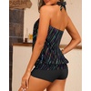Women Two Piece Tankini with Shorts – Blouson Bathing Suit Halter Bandeau Top Swimsuit with Boyshorts Swimwear(Colorful Stripe)