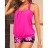 Women Two Piece Tankini with Shorts – Blouson Bathing Suit Halter Bandeau Top Swimsuit with Boyshorts Swimwear(Pink Floral)