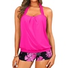 Women Two Piece Tankini with Shorts – Blouson Bathing Suit Halter Bandeau Top Swimsuit with Boyshorts Swimwear(Pink Floral)