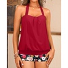 Women Two Piece Tankini with Shorts – Blouson Bathing Suit Halter Bandeau Top Swimsuit with Boyshorts Swimwear(Red Flowers)