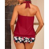 Women Two Piece Tankini with Shorts – Blouson Bathing Suit Halter Bandeau Top Swimsuit with Boyshorts Swimwear(Red Flowers)