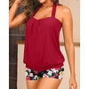 Women Two Piece Tankini with Shorts – Blouson Bathing Suit Halter Bandeau Top Swimsuit with Boyshorts Swimwear(Red Flowers)