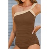 Women’s Swimsuit Tankini Top Only – One Shoulder Swim Top Tummy Control Bathing Suit No Bottom 2025 Swimwear(Brown Beige)