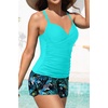 Womens Tankini Swimsuits with Shorts – Two Piece Tummy Control Bathing Suits Top with Two Pockets Swim Bottom(Aqua Leaves)