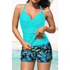 Womens Tankini Swimsuits with Shorts – Two Piece Tummy Control Bathing Suits Top with Two Pockets Swim Bottom(Aqua Leaves)