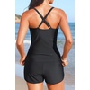 Womens Tankini Swimsuits with Shorts – Two Piece Tummy Control Bathing Suits Top with Two Pockets Swim Bottom(Black)