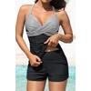 Womens Tankini Swimsuits with Shorts – Two Piece Tummy Control Bathing Suits Top with Two Pockets Swim Bottom(Black Striped)