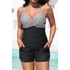 Womens Tankini Swimsuits with Shorts – Two Piece Tummy Control Bathing Suits Top with Two Pockets Swim Bottom(Black Striped)