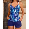 Womens Tankini Swimsuits with Shorts – Two Piece Tummy Control Bathing Suits Top with Two Pockets Swim Bottom(Blue Leaves)