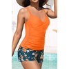 Womens Tankini Swimsuits with Shorts – Two Piece Tummy Control Bathing Suits Top with Two Pockets Swim Bottom(Orange Floral)
