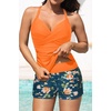 Womens Tankini Swimsuits with Shorts – Two Piece Tummy Control Bathing Suits Top with Two Pockets Swim Bottom(Orange Floral)