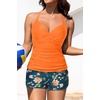 Womens Tankini Swimsuits with Shorts – Two Piece Tummy Control Bathing Suits Top with Two Pockets Swim Bottom(Orange Floral)