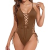 Tempt Me Women Sexy Lace Up One Piece Swimsuit Deep Plunge V Neck High Cut Bathing Suits(Solid Brown)
