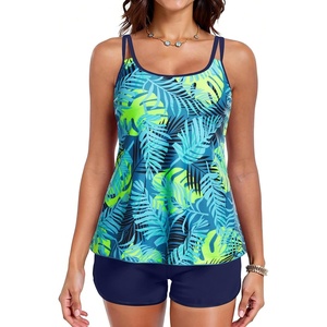 Tankini Swimsuits with Shorts – Two Piece Tummy Control Flowy Bathing Suits Top with Two Pockets Boy Shorts 2025(Blue Leaves)