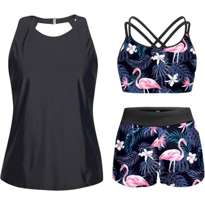 Tempt Me 3 Piece Swimsuit for Women Tankini Bathing Suit Modest High Neck Tank Tops Swimwear with Shorts(Black Flamingo)